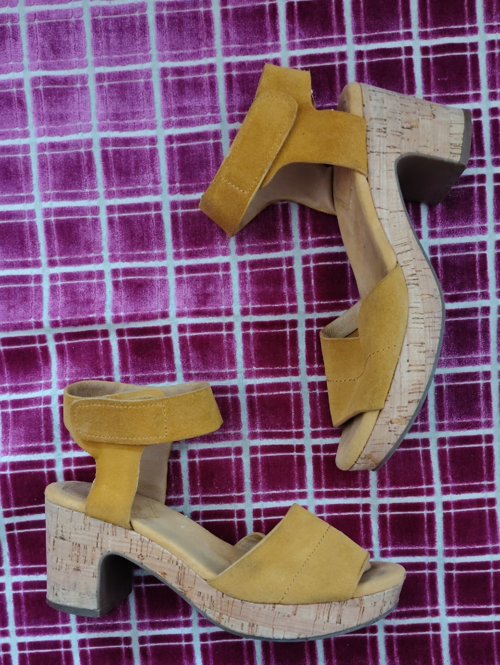 Crown Vintage Mustard Suede Cork Wedge Sandals